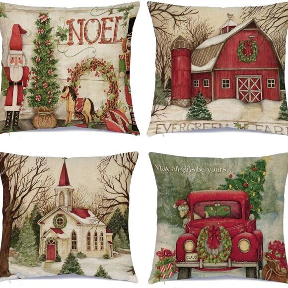 Christmas Decorations Christmas Pillow Cushion Covers 18 x 18 Inches Set of 4 - Picture 1 of 7